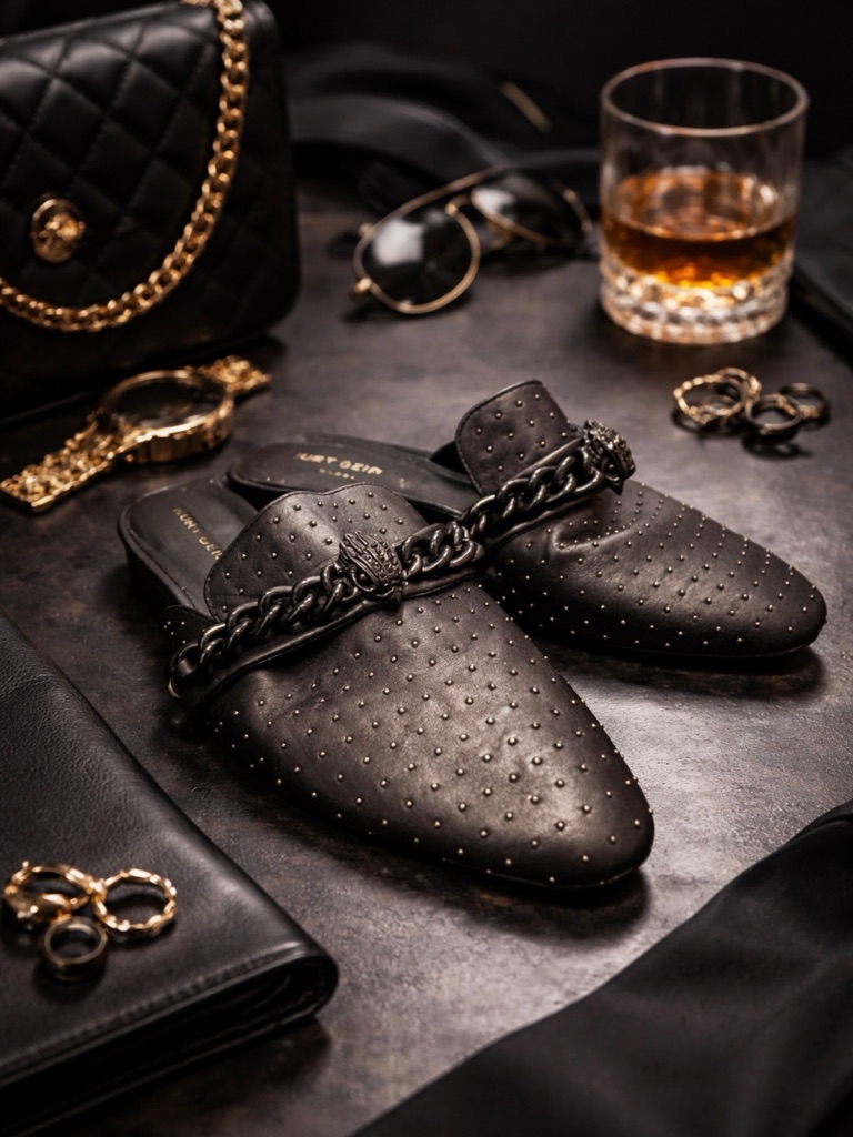 Kurt Geiger London Black Chelsea Studded Leather Flat Mules